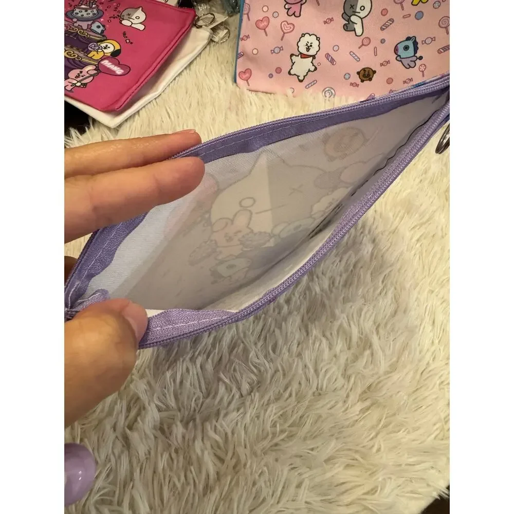 Purple BT21 pencil/make up pouch cartoon characters and hearts K-pop keychain